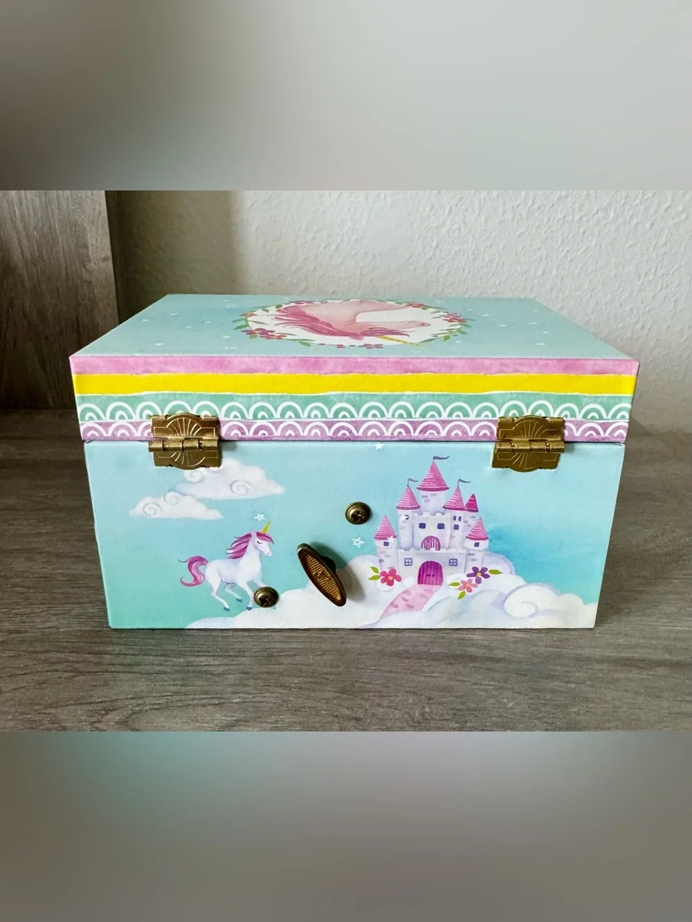 Girl's Musical Jewelry Storage Box with Spinning Unicorn, 6 x 4.65 x 3.5 inches